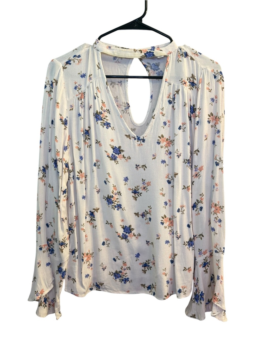 American Eagle Outfitters Cream Floral Keyhole Blouse with Blue & Peach Flowers